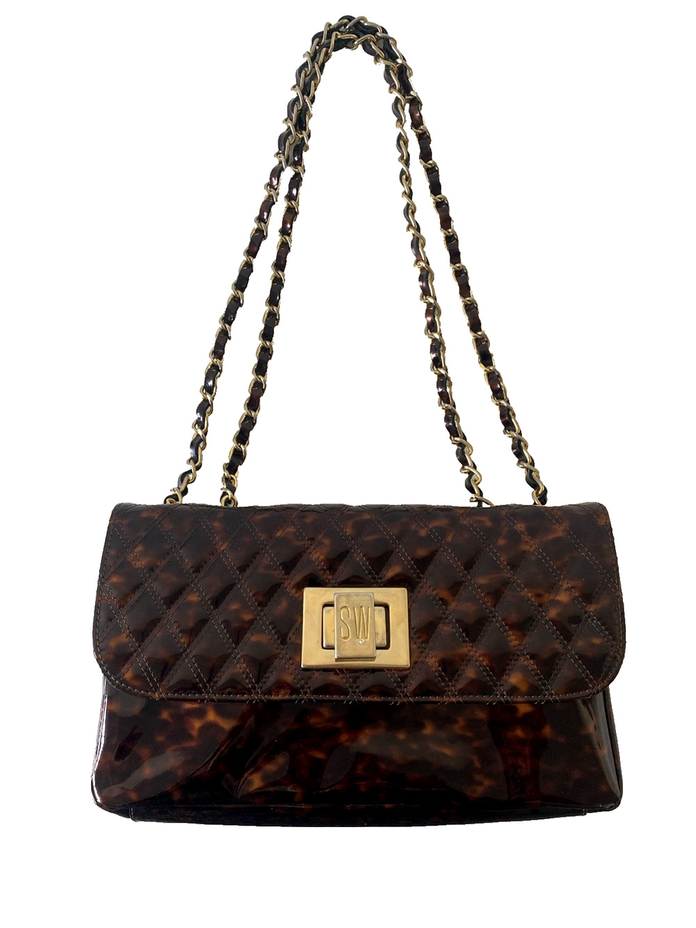 Stuart Weitzman Bag Handbag Patent Leather Tortoise Brown Chain Strap Turn Lock